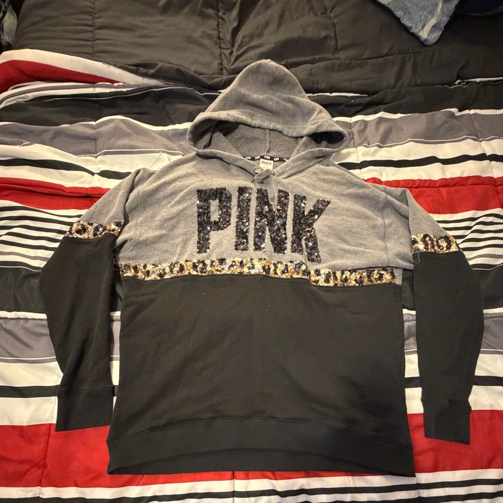 Victoria Secret pink Sequin Logo Leopard Trim Hoodie - Gray & Black